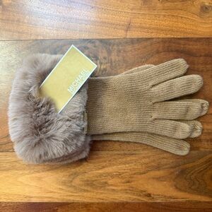 Michael Kors Women’s Knit Gloves with Faux Fur Cuff in Dark Camel OS